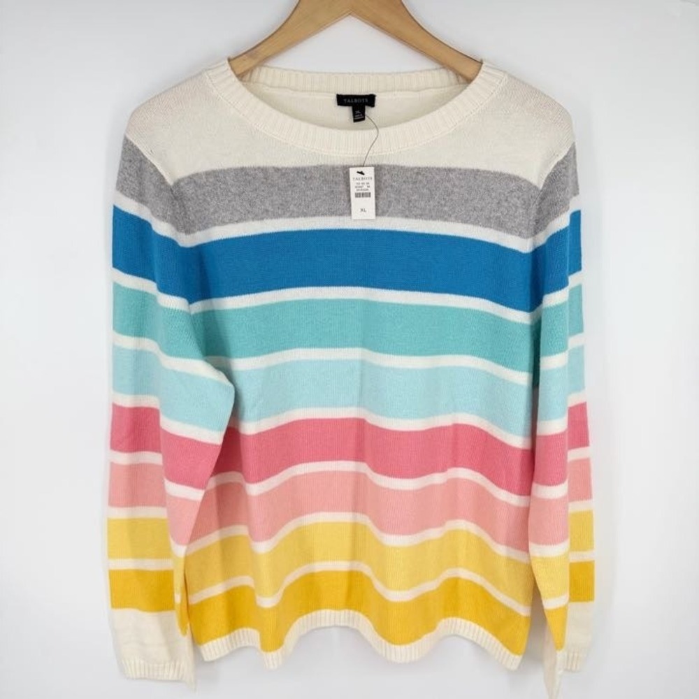 NEW Talbots Crew Neck Sweater Women XL Rainbow Stripe L/S Pullover Preppy Cozy